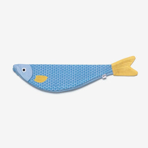 Fish-shaped blue pouch with yellow accents on a white background