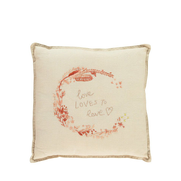 Camomile London Hand Embroidered Cushion ‘Love’ – Peach