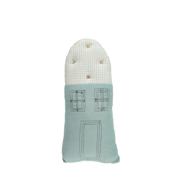 Camomile London Petit House Cushion – Light Teal/Check