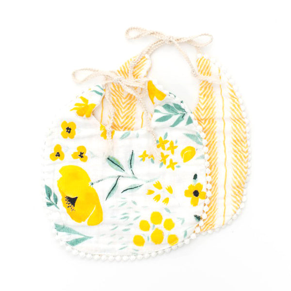 Clementine Kids Bib 2-Pack - Buttercup Blossom and Mustard Herringbone