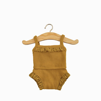 Minikane Les P'tits Basiques Ribbed Knit Girl's Underwear Set with Lace - Mustard
