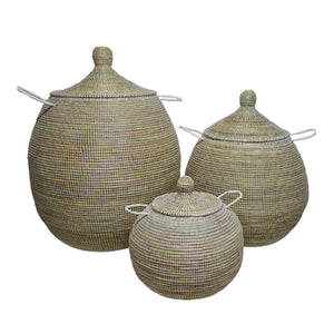 Hand Woven Lidded Round Basket – White