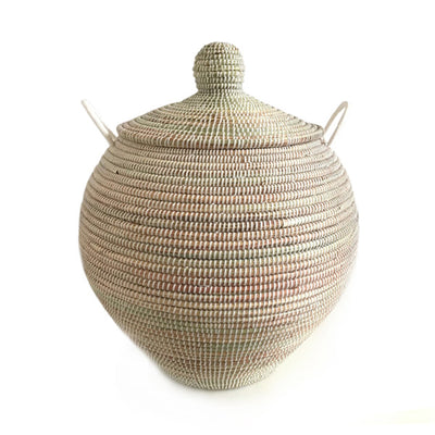 Hand Woven Lidded Round Basket – White