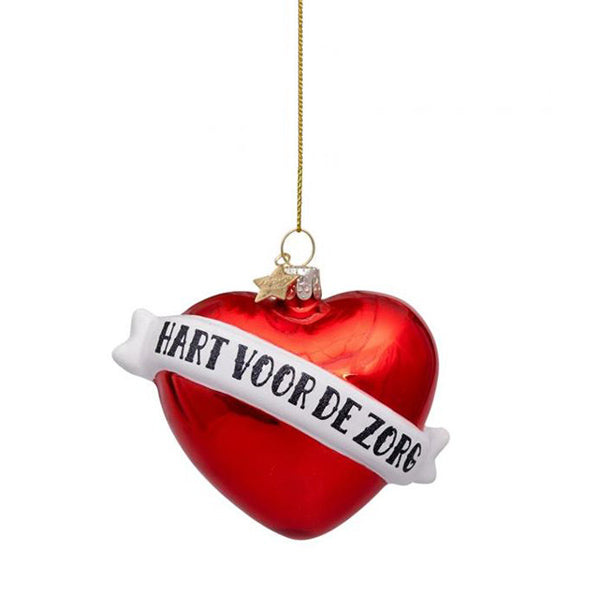 Vondels Glass Christmas Ornament - Red Heart with Text HART VOOR DE ZORG