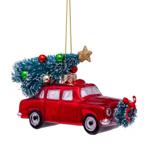 Vondels Glass Shaped Christmas Ornament - Red Car with Christmas Tree