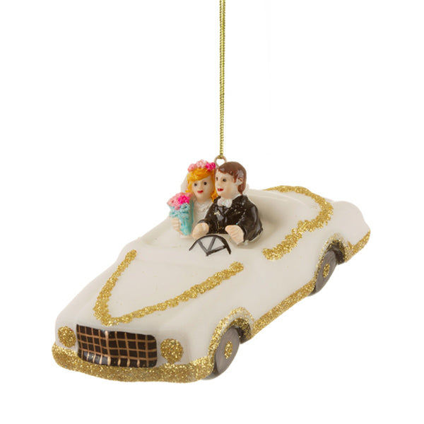 Glass Shaped Christmas Bauble - Wedding Car with Couple