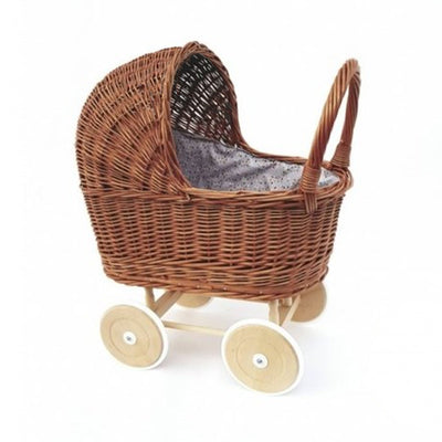 Wicker Pram with Bedding - Grey Polka Dot