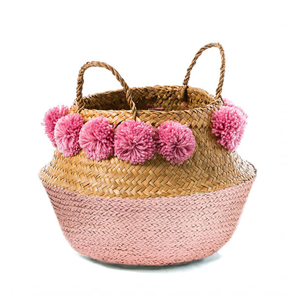 Pom Pom Seagrass Belly Basket – Pink - Elenfhant