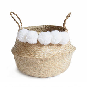 Pom Pom Seagrass Belly Basket – White - Elenfhant